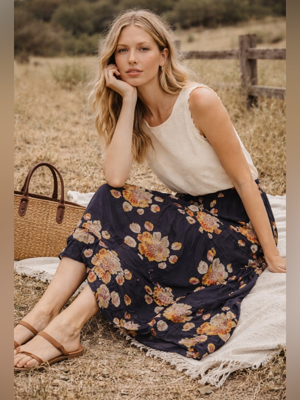 NWT The GREAT. The Frontier Floral Midi Skirt in Black & Light Brown Size S - Picture 5 of 16